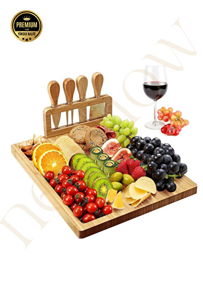 NEWNOW Bambu Peynir Tahtası Seti, Şarküteri Tahtası ve Servis Tabağı, 4 Paslanmaz Çelik Peynir Bıçağı,