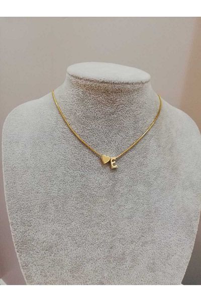 Judas Takı Women's Gold Steel Chain Heart Letter Necklace, Initial Letter Necklace