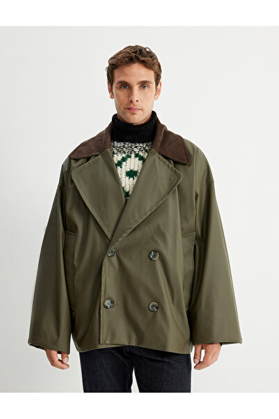 Koton Trençkot Kadife Yaka Detaylı Cepli Düğmeli