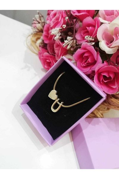 Judas Takı Women's Gold Steel Chain Heart Letter Necklace, Initial Letter Necklace
