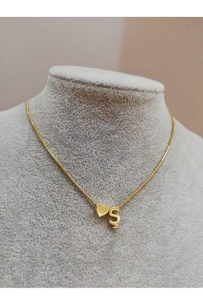 Judas Takı Women's Gold Steel Chain Heart Letter Necklace, Initial Letter Necklace