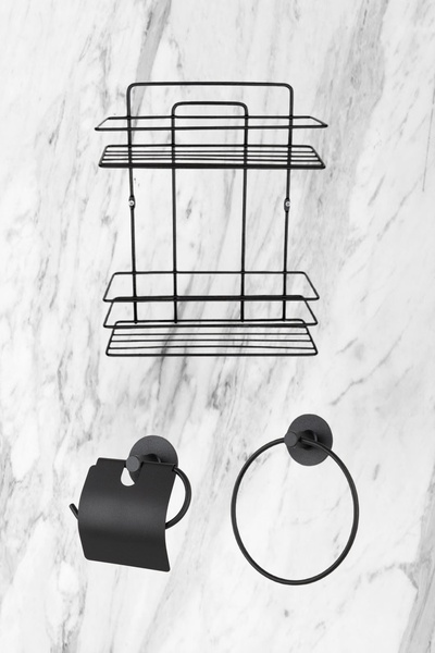 Aktel Banyo طقم حمام لاصق دائري أسود مكون من 3 قطع/رف حمام من طبقتين/حامل منا...