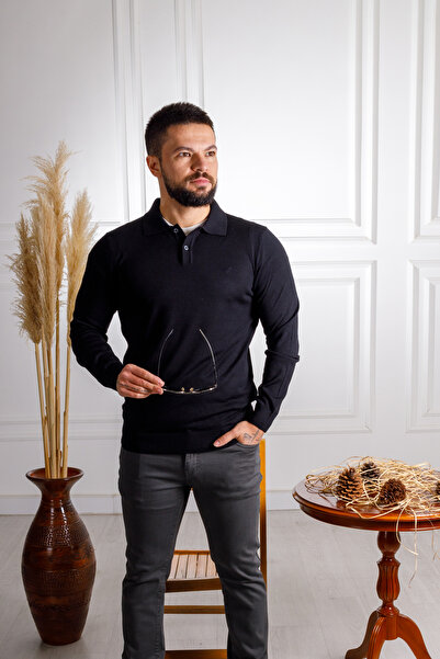 Sarar İnterview Sarar Polo Yaka Extrafine Yün Siyah Triko Kazak