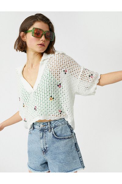 Koton Pulover tricotat ajurat crop Guler polo brodat