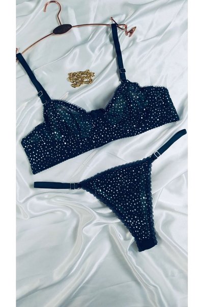 COLOR DE PIEL Women's Dark Blue Silver Dot Bra Panty Suit