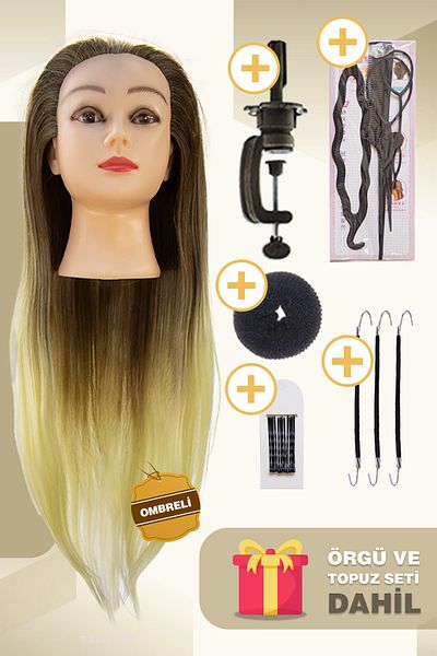 colezium Fiber Synthetic Hairdresser Training Manikin - Table Bracket with Ombreli, Brown / Platinum, Braid Set