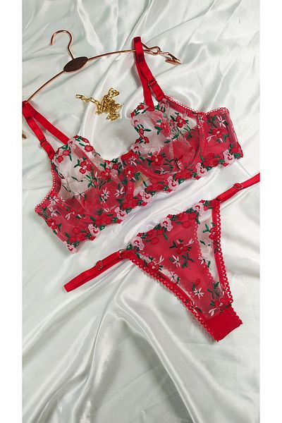 COLOR DE PIEL Women's Red Flower Patterned Bralet Elegant Bra Set