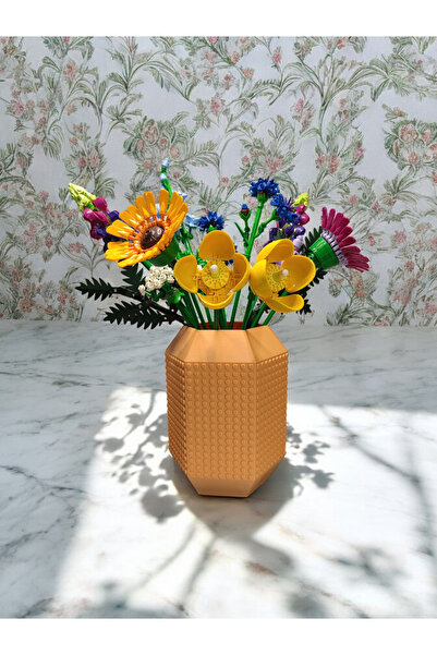 Maflen Lego Çiçek Uyumlu Özel Tasarım Büyük Dekoratif Vazo Biyoplastik Pastel Turuncu