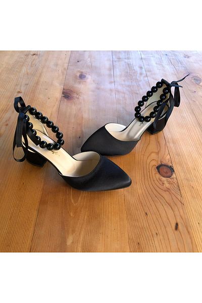 İlkinin Pabuçları Pearl Ankle Detailed Shoes, Black Satin Women's Shoes, 5cm Thick Heels Evening Dress Shoes
