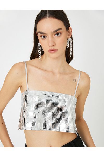Koton Metallic-Abendkleid mit Pailletten, Bustier, quadratischem Ausschnitt, dünnen Trägern