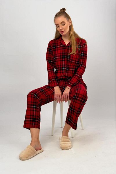 Betimoda Red Velvet Suede Winter Pajamas Set - Front Button, Pocket, and Elastic Waist