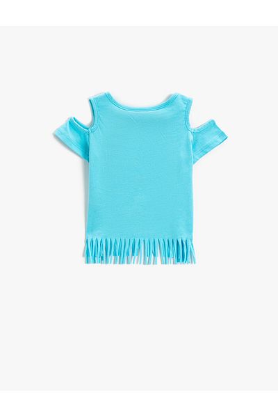 Koton Tassel Printed T-Shirt Window Detailed Short Sleeve Cotton
