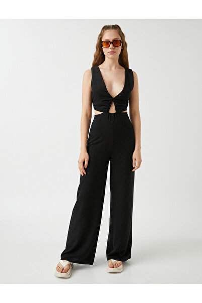 Koton Nízký overal se širokými nohavicemi se směsí lnu s okenními detaily