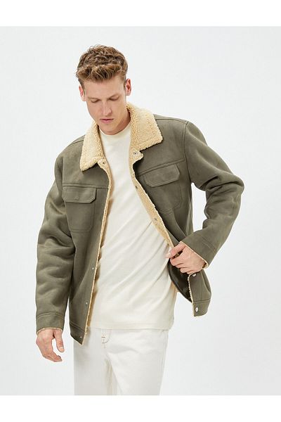 Koton Suede Look Jacket Inside with Plush Pocket Detail and Snap Buttons