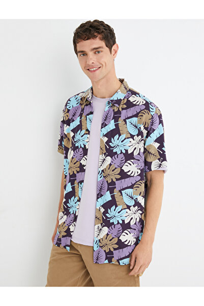 Koton Letní košile s květinovým potiskem, klasický límec s krátkým rukávem