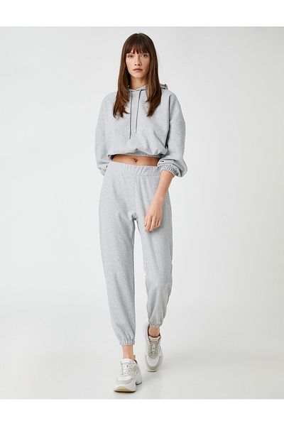 Koton Crop Hooded Sweatshirt with Elastic Waist