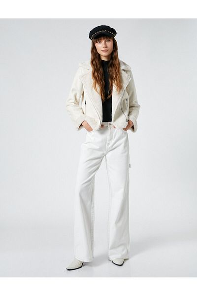 Koton Biker Jacket Faux Leather Faux Fur Zippered Pocket Detailed