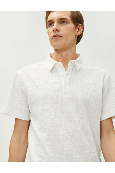 Koton Πόλο μπλουζάκι με λαιμόκοψη με υφή κουμπιά κοντό μανίκι βαμβακερό