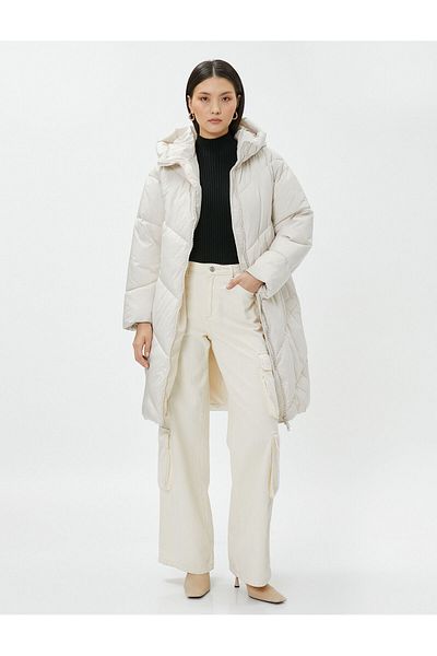 Koton Hooded Long Puffer Jacket - Zippered Pockets