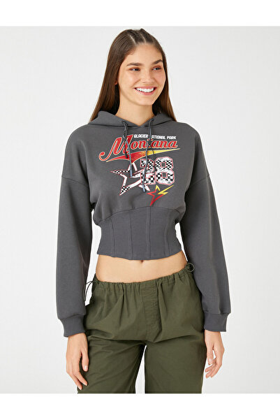 Koton Crop Sweatshirt Hooded Corset Waist Printed Long Sleeve With Fleece Inside