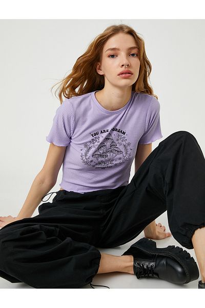 Koton Tricou crop cu mânecă scurtă imprimată cu nervuri