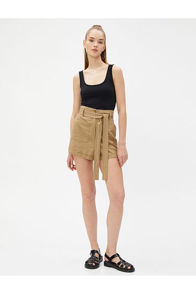 Koton Linen Blended High Waist Belted Shorts