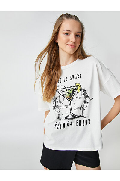 Koton Μπλουζάκι με στάμπα με σύνθημα με κοντό μανίκι με λαιμόκοψη