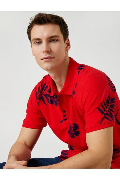 Koton Polo Neck T-Shirt Leaf Printed Buttoned Slim Fit Short Sleeve