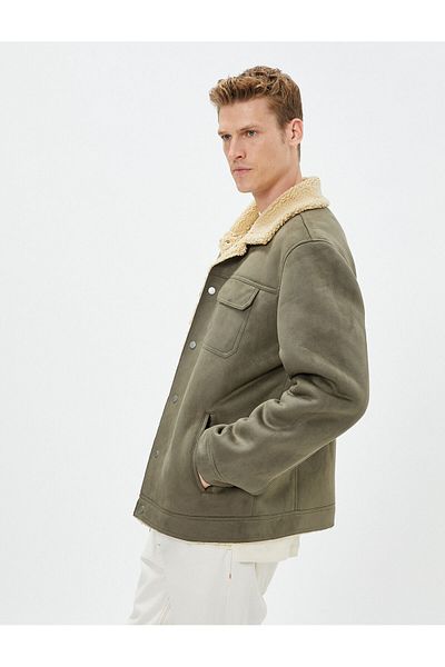 Koton Suede Look Jacket Inside with Plush Pocket Detail and Snap Buttons