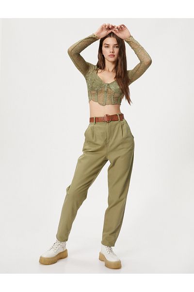 Koton Carrot Trousers with Gabardine Fabric Belt Detail and Slightly Tapered Leg Pockets