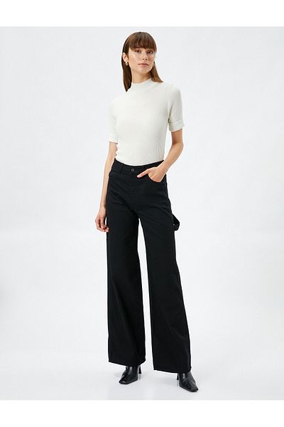 Koton Wide Leg Denim Trousers Gabardine Fabric Pocket Detailed Cotton
