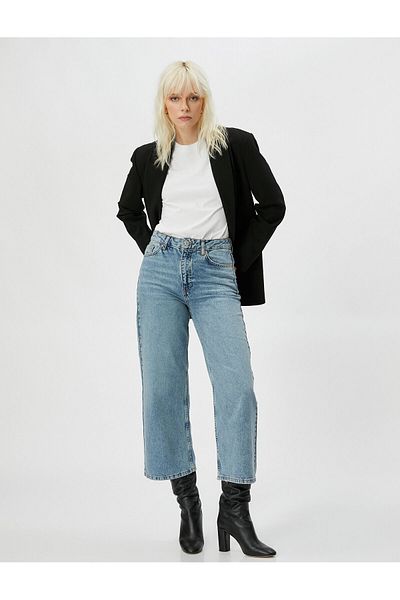 Koton Blugi Extra Lati Scurt Straight Jeans Talie Inalta - Bianca Jean