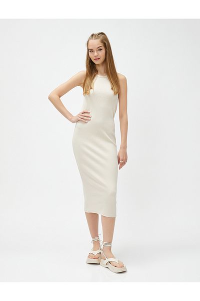 Koton Pencil Midi Corded Dress - Halter Neck and Slim Fit