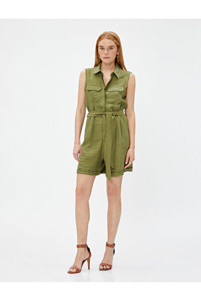 Koton Sleeveless Jumpsuit with Shorts Pocket Detailed Shirt Collar