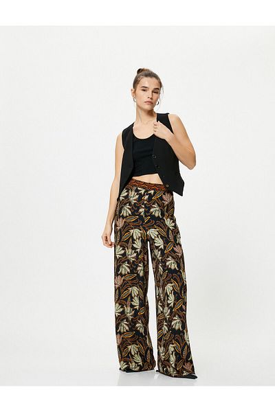 Koton Wide Leg Trousers Ethnic Patterned High Waist Pockets