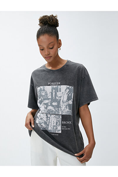 Koton Oversize T-Shirt με στάμπα με λαιμόκοψη με κοντό μανίκι βαμβακερό