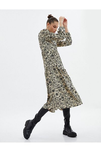 Koton Floral Midi Dress - Long Sleeves, Double Breasted and Cuffed