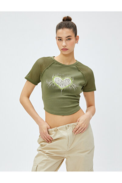 Koton Crop T-Shirt με εμπριμέ διχτυωτό λεπτομέρεια βαμβακερό λαιμόκοψη