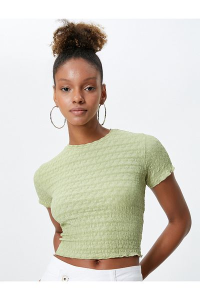 Koton Crew Neck T-Shirt - Textured Short Sleeve Seersucker Body and Noise Block