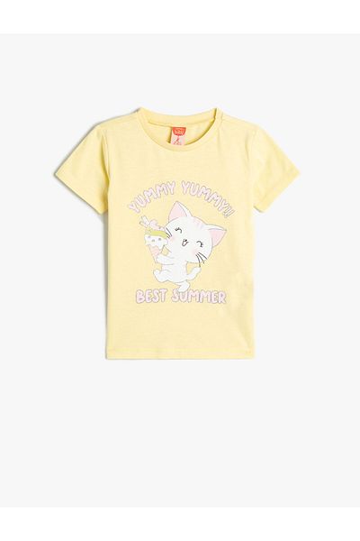 Koton Short Sleeve Cat Printed Crew Neck Cotton T-Shirt