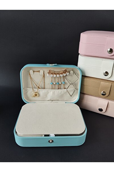 Piraye Shop 3 Bölmeli Dikdörtgen Mücevher Yüzük Küpe Kolye Seyahat Boy Takı Kutusu Turkuaz