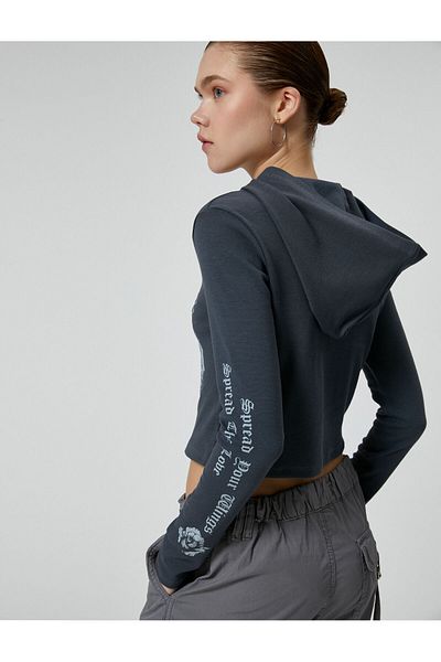 Koton Crop Hooded Sweatshirt Printed Long Sleeve Pale Effect Cotton