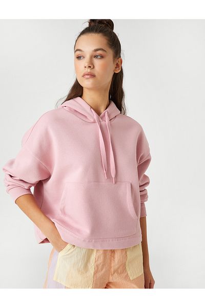 Koton Oversize Crop Sweatshirt Hooded Kangaroo Pocket Ribbon