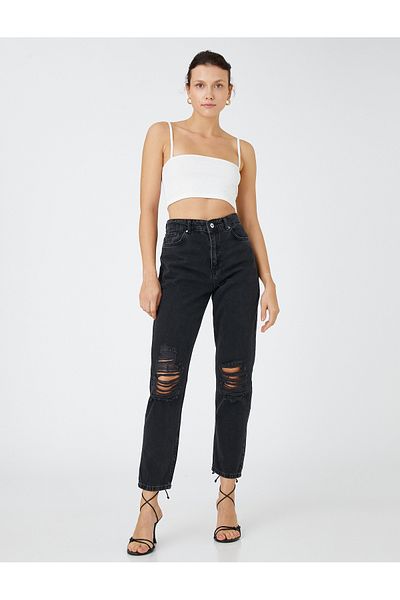 Koton Ripped High Waist Jeans Slightly Skinny Leg - Mom Jean