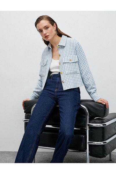 Koton Tweed Jacket with Pockets and Crest Buttons