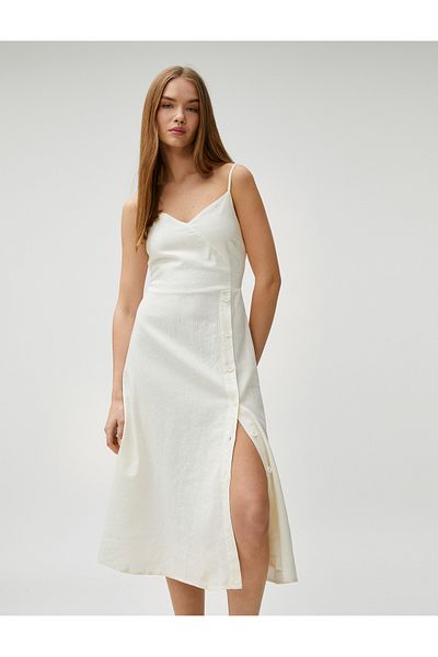 Koton Midikleid mit dünnen Trägern, Schlitz vorne und Knöpfen aus Leinenmischung