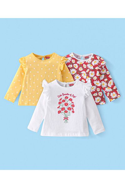 Babyhug 100% Cotton Knit Full Sleeves Tees With Frill Detailing Pack of 3- Red White & Yellow
