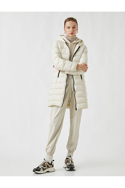 Koton Quilted Long Puffer Jacket with Hooded Pocket Detail