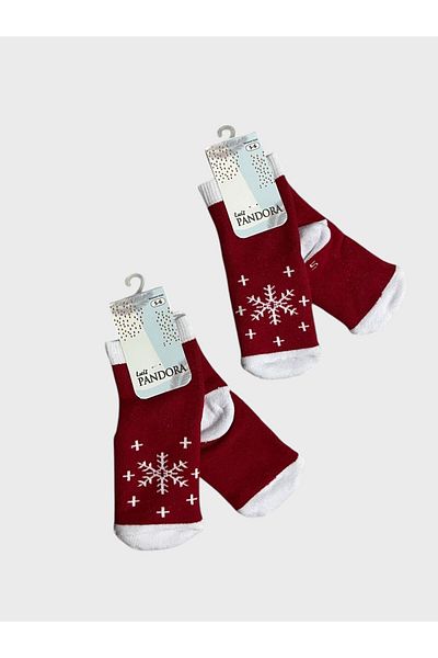 Pandora Children's Red and White New Year's Themed Pine Patterned Washed Perfumed 2-Piece Towel Socks
