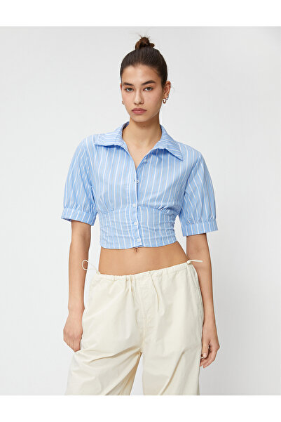 Koton Crop Shirt Balloon Sleeve Fűző Derék Gombos Pamut